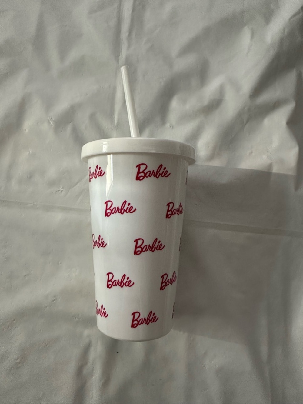 Barbie White Tumbler with Pink Logo Pattern and Straw